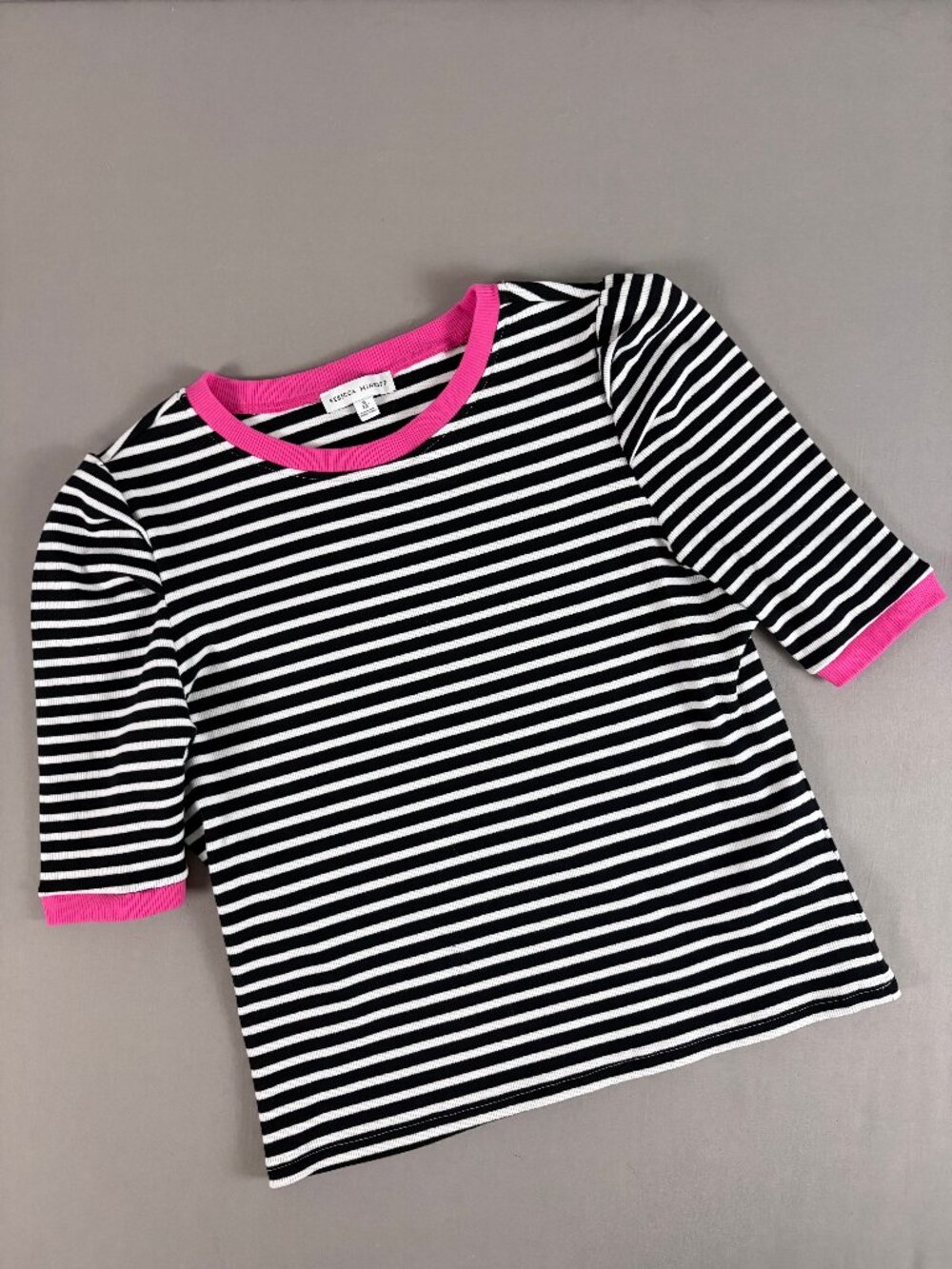Rebecca Minkoff Black Stripe Rib Knit Puff Sleeve Top Pink Trim XL